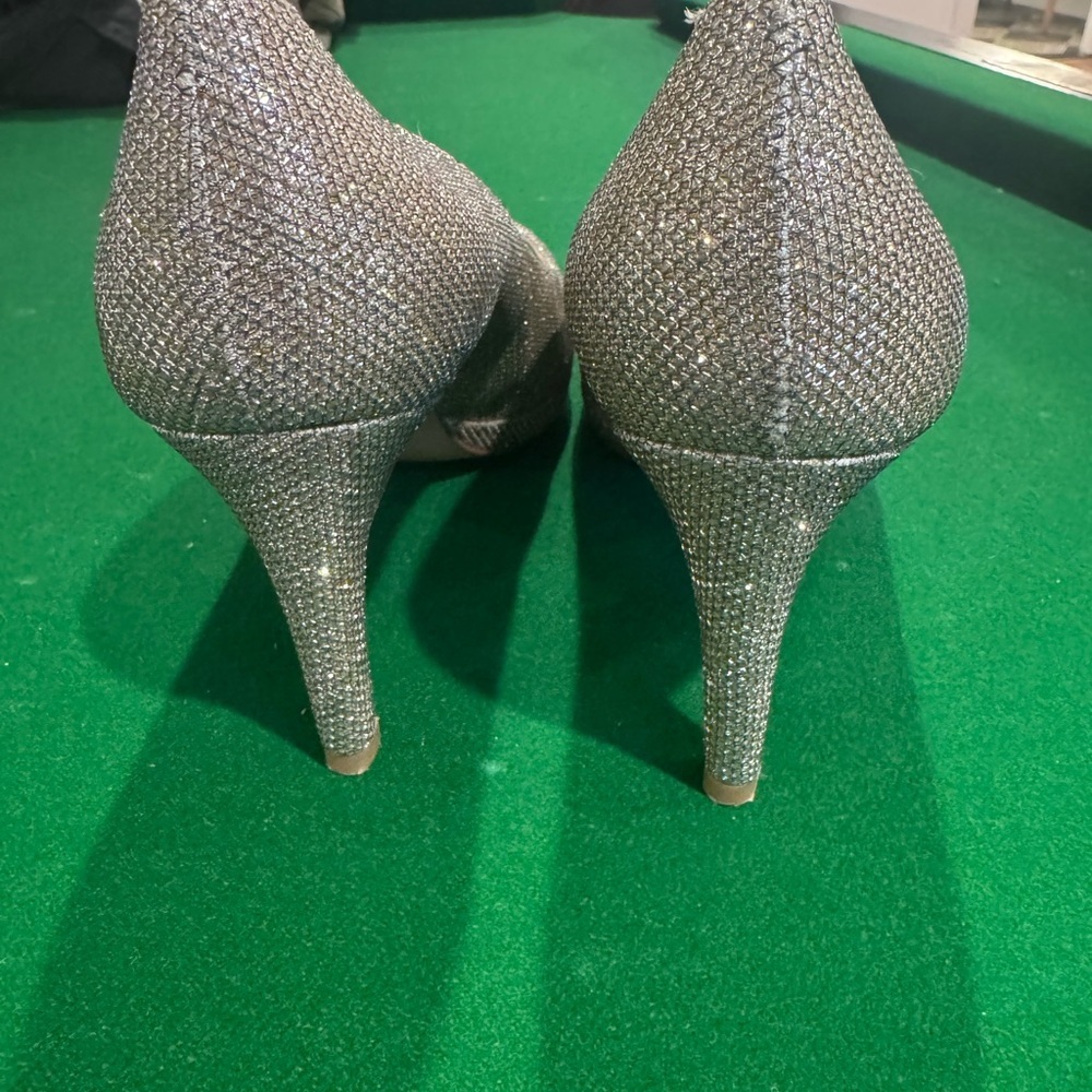 Stuart Weitzman Glittering Silver -Gold Peep-Toe Heels - Picture 2 of 6